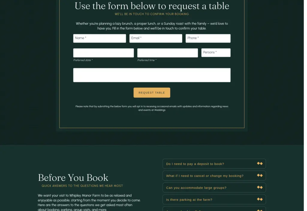 The table request form collects the visit details for the team to confirm by email.