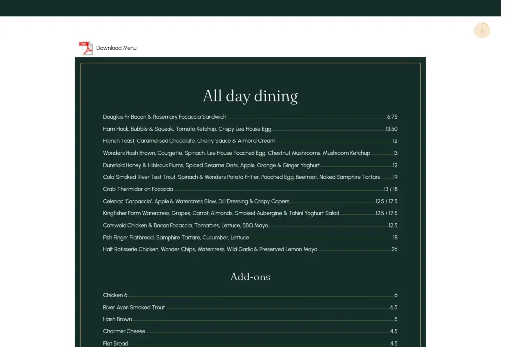 The editable Maddings menu, with dishes and prices presented directly on the page.