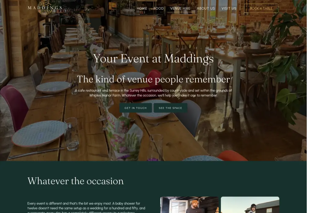 The venue-hire page introduces the setting before inviting visitors to discuss their event.