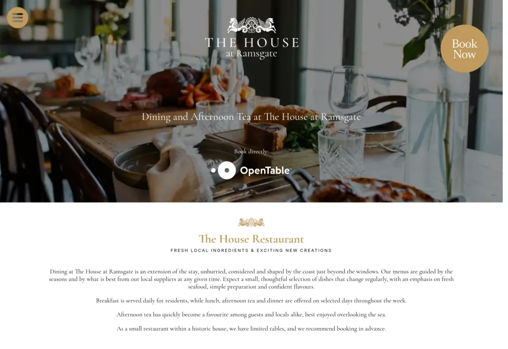 The dining page: a distinct restaurant experience within the same identity.