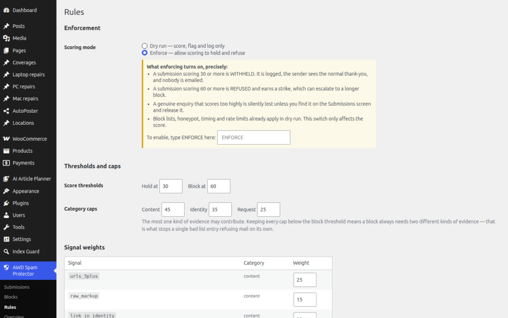 AWD Spam Blocker interface