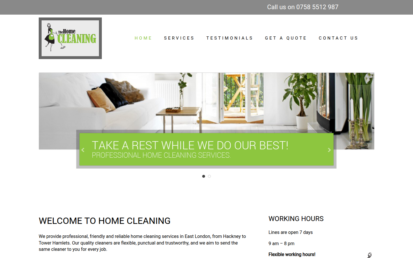 The Home Cleaning website on desktop