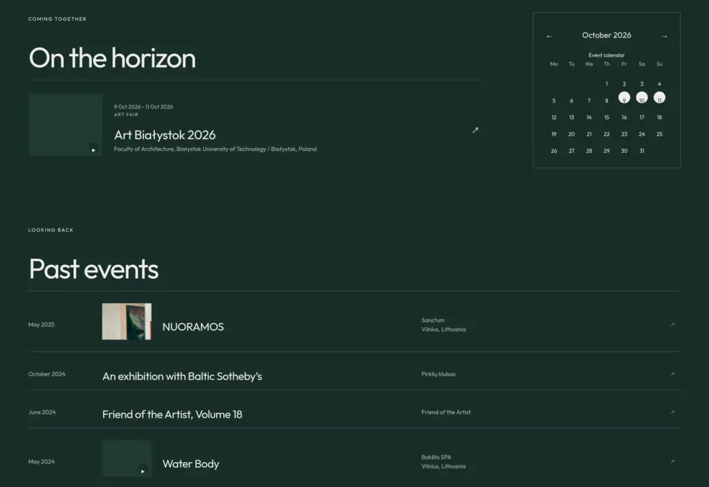 Exhibitions and events, with the calendar and upcoming exhibition.