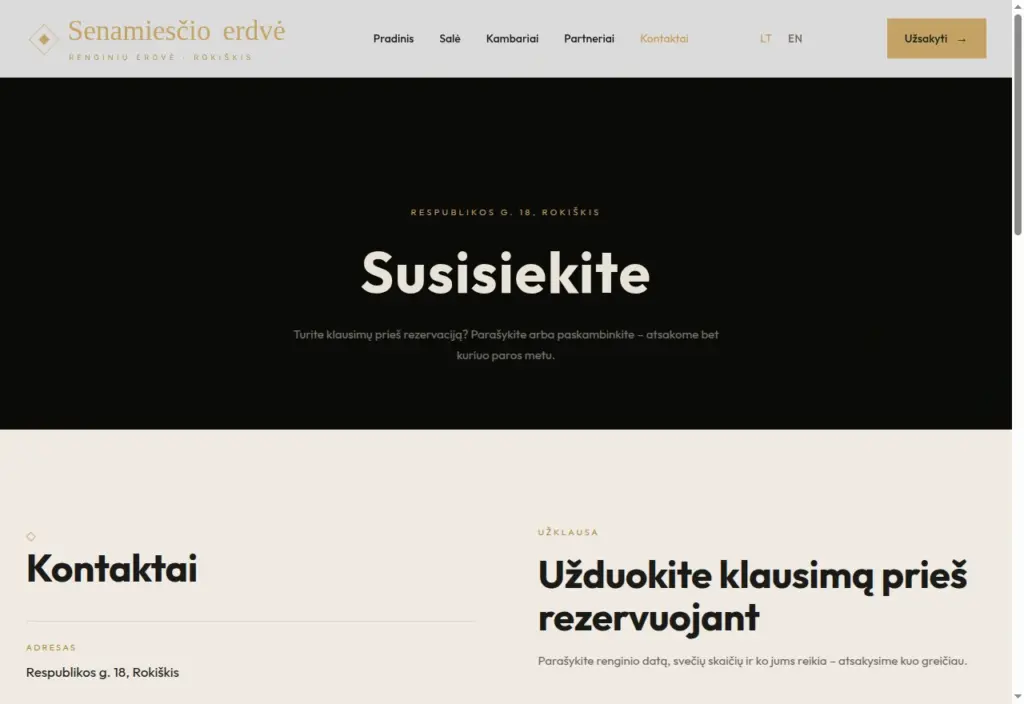 The contact page combines an enquiry form with location details. Lithuanian page shown.