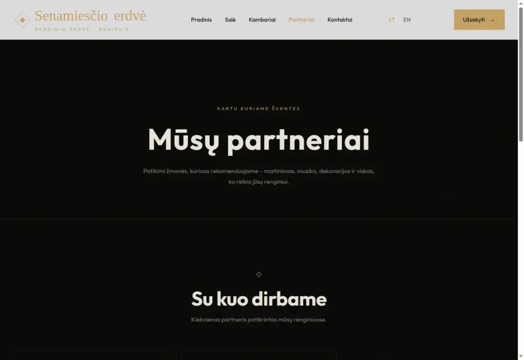 The partner directory lets the owner add local service providers and update their information. Lithuanian page shown.